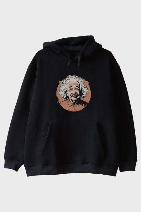 Albert Einstein Portre Baskılı Tasarım Siyah Hoodie