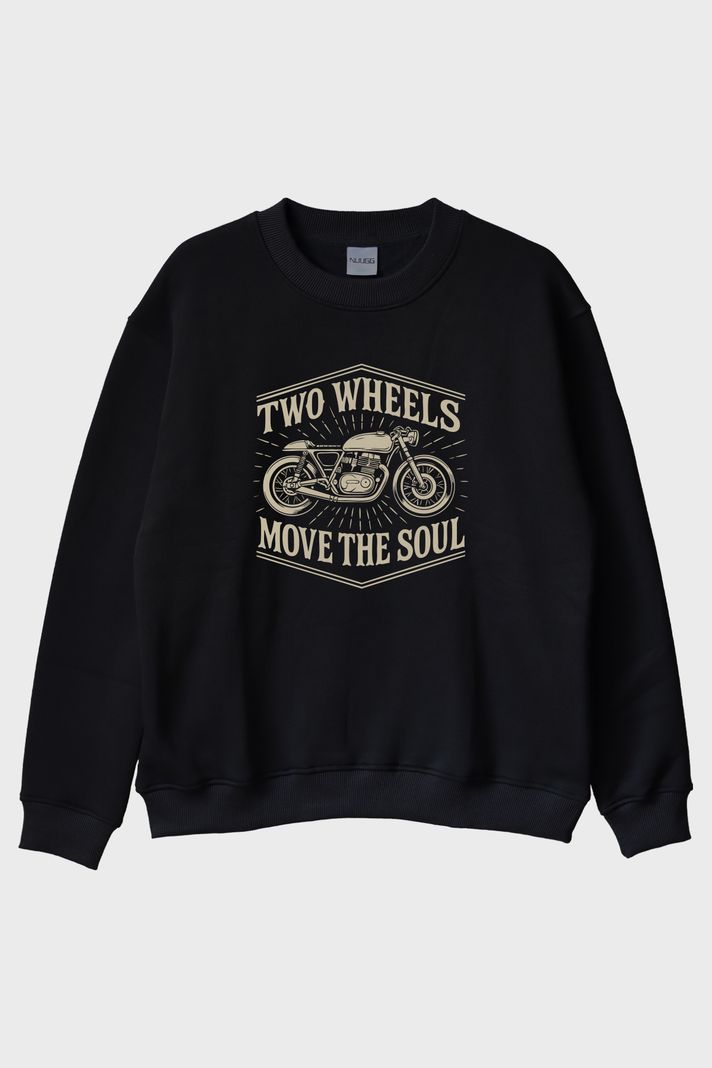 Two Wheels Move the Soul Motosiklet Tasarımlı Siyah Bisiklet Yaka Sweatshirt
