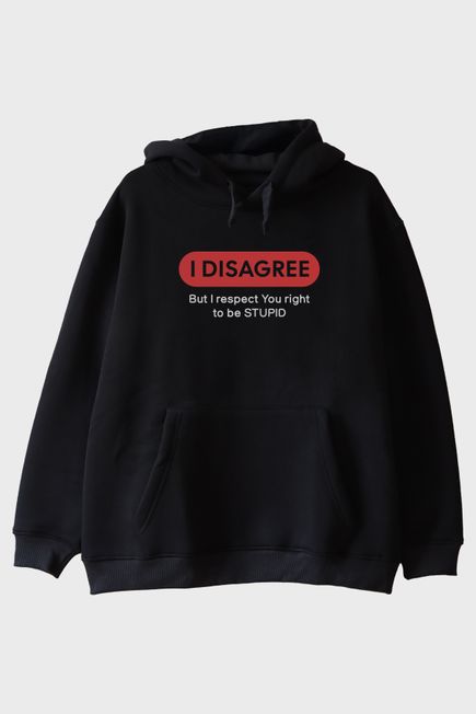I Disagree Baskılı Mizahi Siyah Hoodie