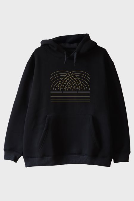 Çift Yarık Desenli Altın Çizgili Siyah Hoodie