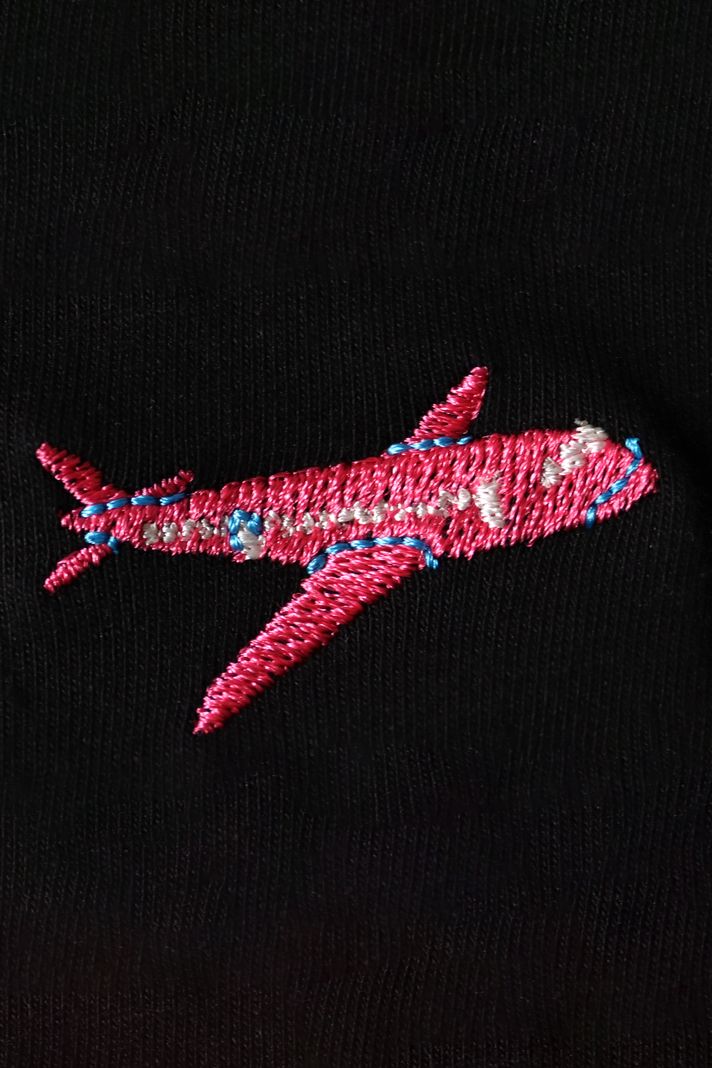 Küçük Uçak Baskılı Siyah Bisiklet Yaka Sweatshirt