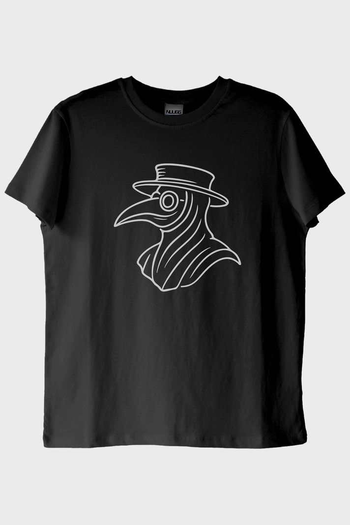 Veba Doktoru Maskesi Baskılı Minimal Siyah Tişört