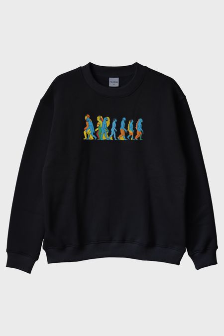 Evrim Zinciri Baskılı Canlı Tasarım Siyah Bisiklet Yaka Sweatshirt