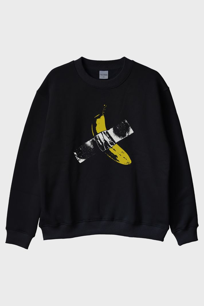 Taped Banana Baskılı Eğlenceli Muz Tasarımlı Siyah Bisiklet Yaka Sweatshirt
