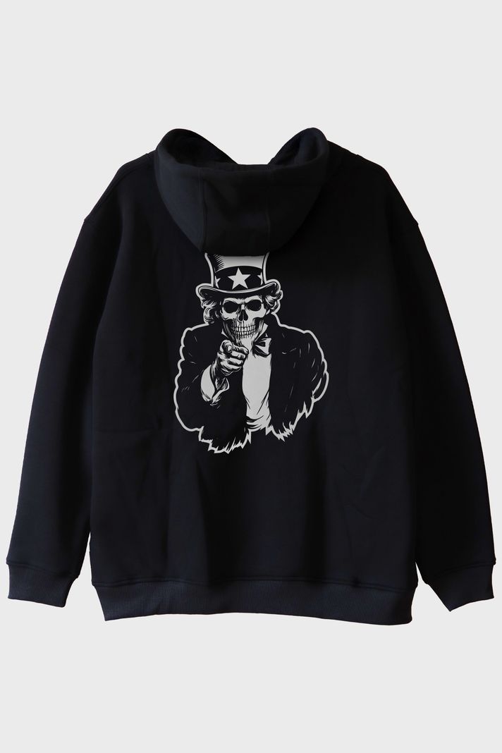 Şapkalı İskelet Baskılı Siyah Hoodie