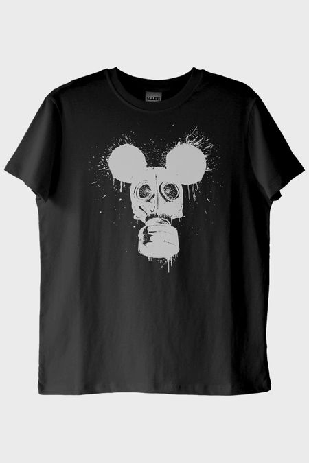 Gaz Maskesi ve Mouse Kulakları Tasarımlı Siyah Siyah Tişört
