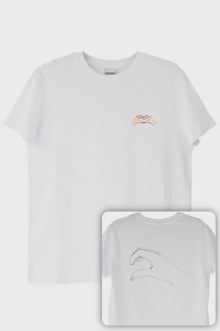 Sağ El Kalp Desenli Nakış Tişört - Sevgililer Günü Çift Tişörtleri