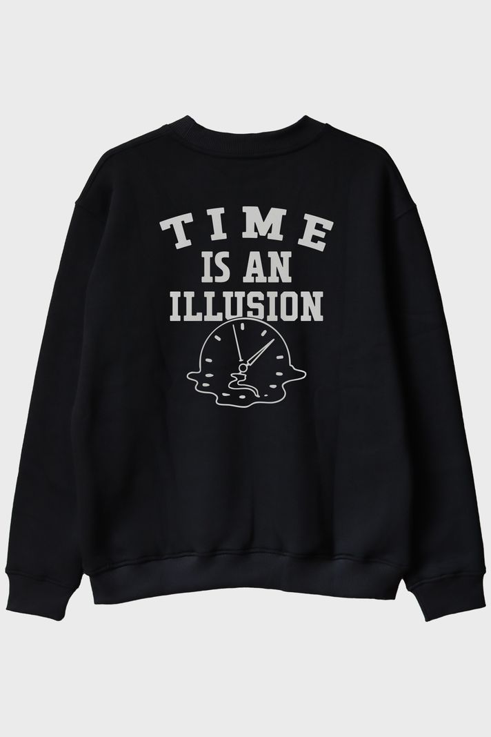 Time is an Illusion Baskılı Minimalist Siyah Bisiklet Yaka Sweatshirt