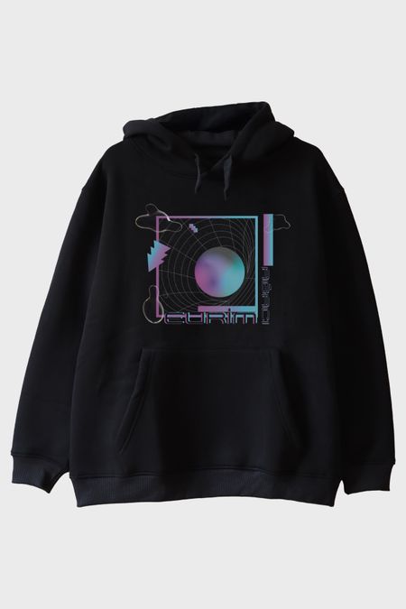 Evrim Ağacı Retro Geometrik Desenli Baskılı Siyah Hoodie