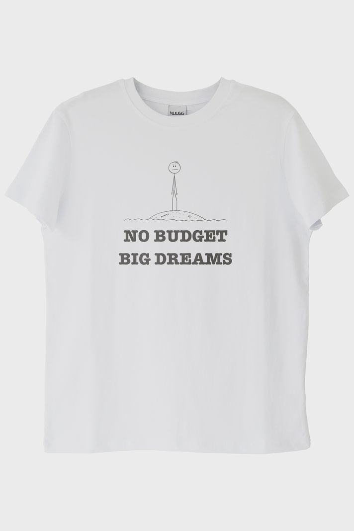 No Budget Big Dreams Beyaz Tişört ön görsel