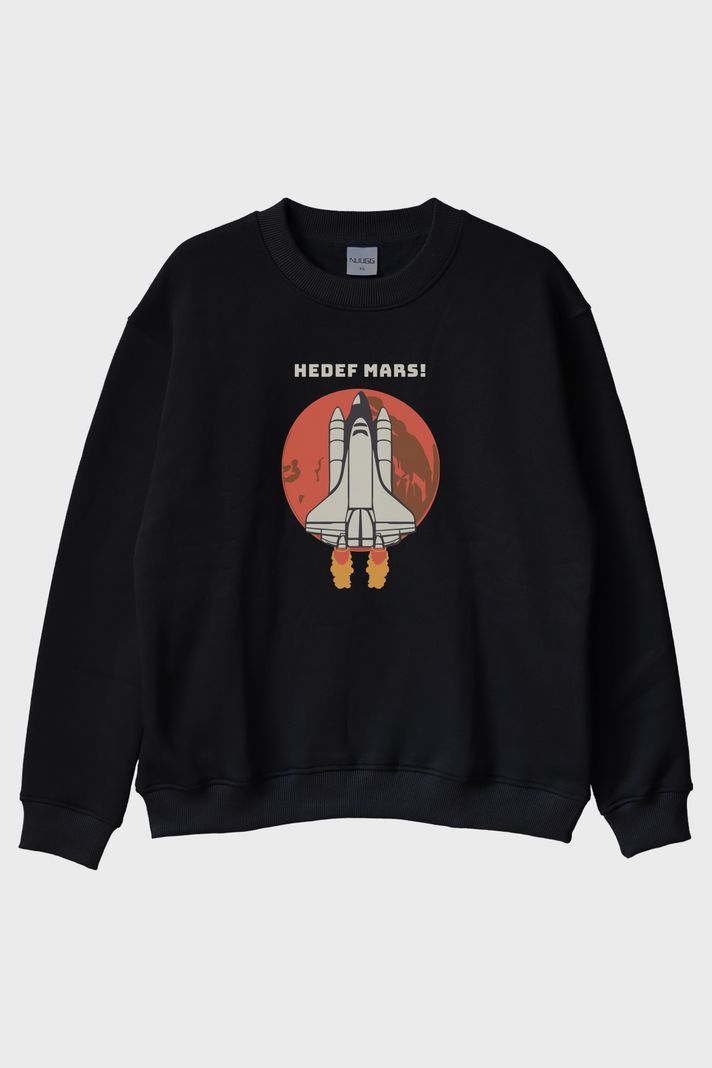 HEDEF MARS! Baskılı Uzay Temalı Siyah Bisiklet Yaka Sweatshirt
