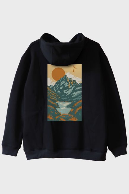 Doğa Manzaralı Turuncu Güneşli Baskılı Siyah Hoodie