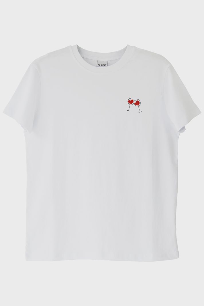 Kalpli Kadeh Desenli Nakış Tişört - Sevgililer Günü Çift Tişörtleri