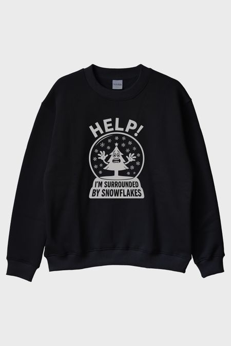 Help! I'm Surrounded by Snowflakes İronik Tasarım Baskılı Siyah Bisiklet Yaka Sweatshirt