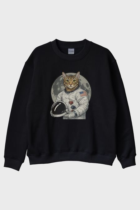 Astronot Kedi Siyah Bisiklet Yaka Sweatshirt