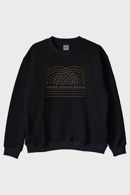 Çift Yarık Desenli Altın Çizgili Siyah Bisiklet Yaka Sweatshirt