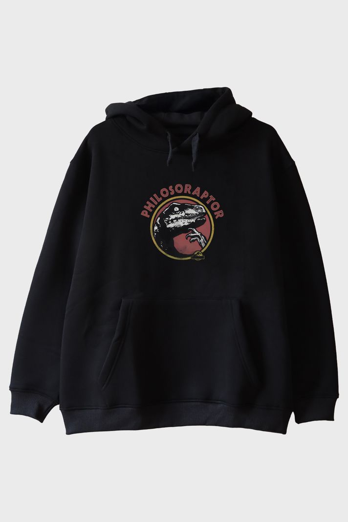 Philosoraptor Baskılı Retro Dinozor Tasarımlı Siyah Hoodie