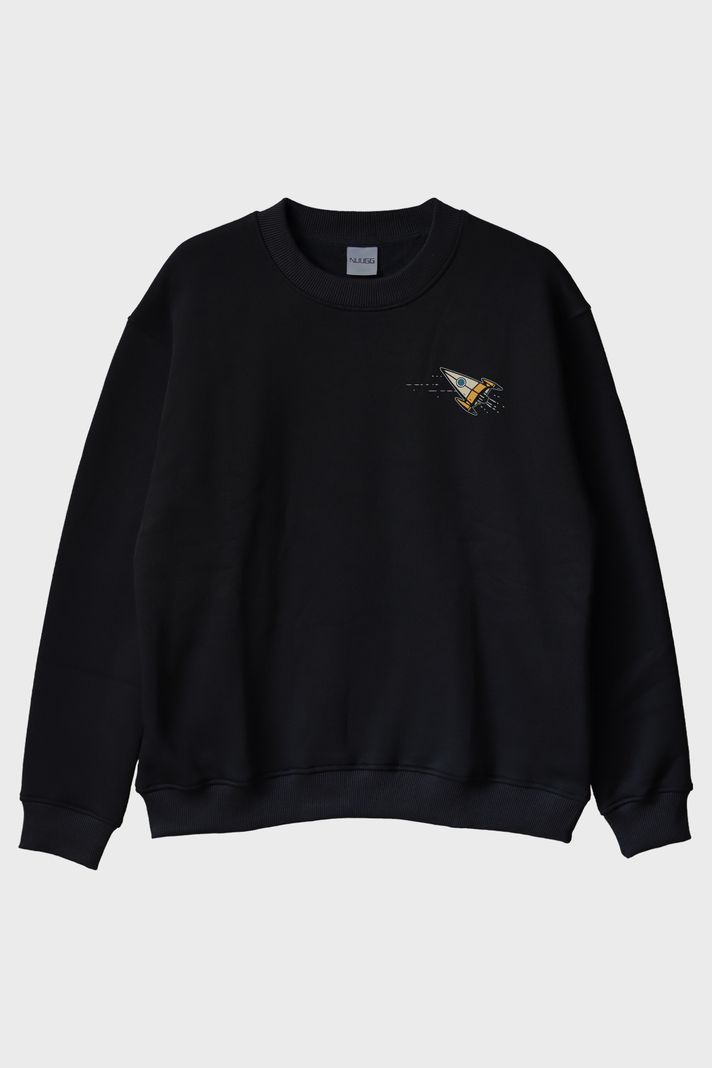 Roket ve Asteroit Siyah Bisiklet Yaka Sweatshirt