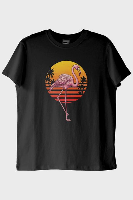 Retro Flamingo Baskılı Siyah Tişört