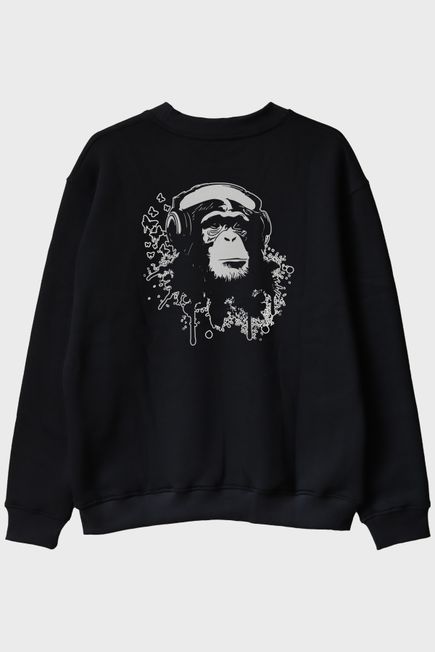 Kulaklık Takmış Goril Siyah Bisiklet Yaka Sweatshirt