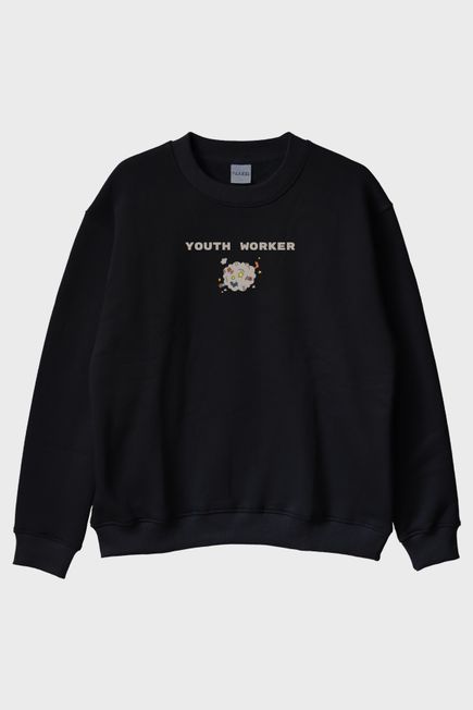 Youth Worker Siyah Bisiklet Yaka Sweatshirt
