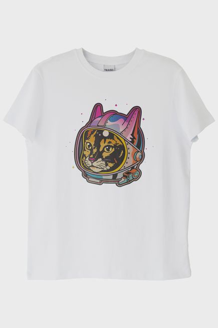 Astrocat Renkli Astronot Kedi Baskılı Beyaz Tişört