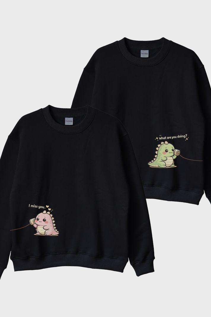 Tatlı Dinozor Çift Siyah Bisiklet Yaka Sweatshirtleri