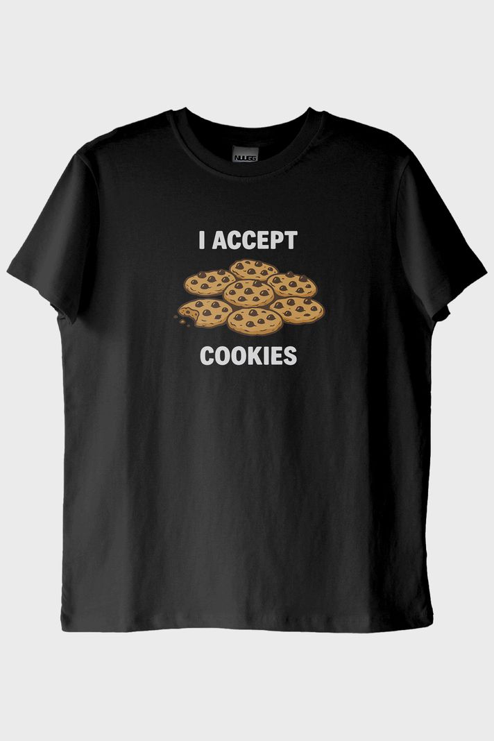 I Accept Cookies Baskılı Mizahi Siyah Tişört