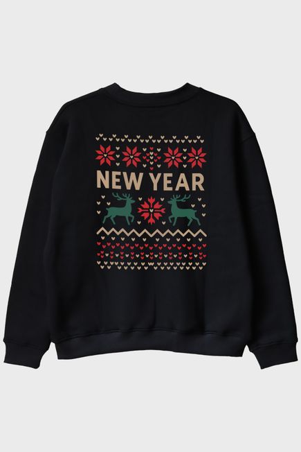 Yeni Yıl Motifli Siyah Bisiklet Yaka Sweatshirt