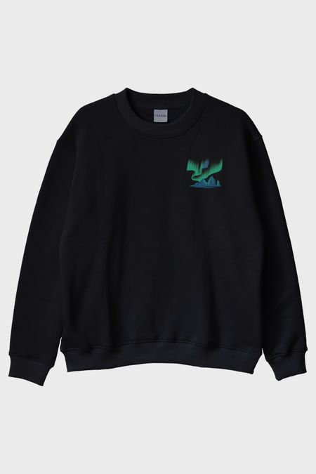 Aurora Borealis Kuzey Işıkları Tasarımlı Siyah Bisiklet Yaka Sweatshirt