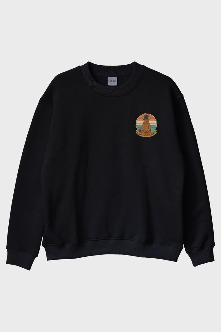 Groundhog Day Retro Baskılı Tasarım Siyah Bisiklet Yaka Sweatshirt