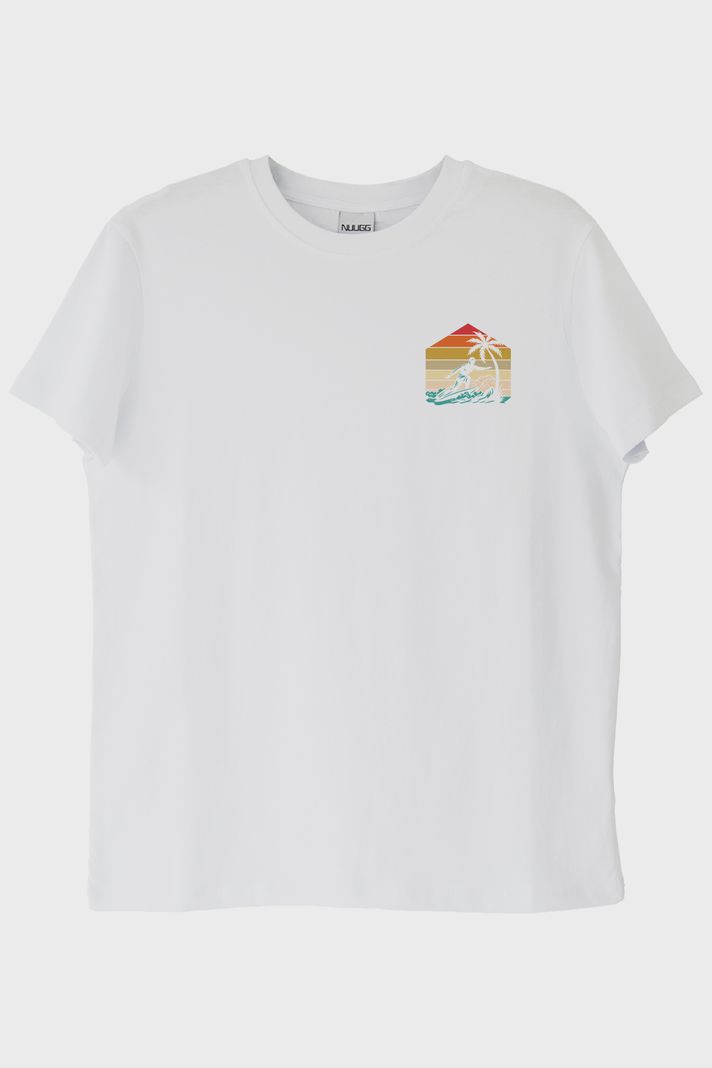 Retro Palmiye ve Sörf Baskılı Beyaz Tişört