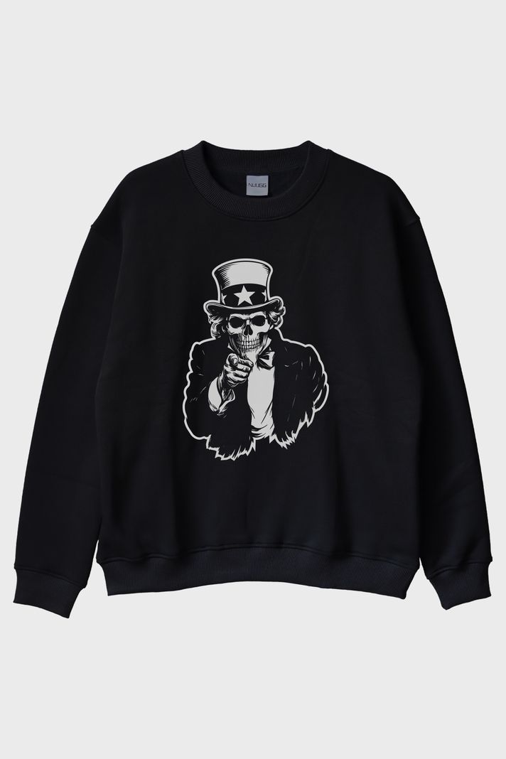 Şapkalı İskelet Baskılı Siyah Bisiklet Yaka Sweatshirt