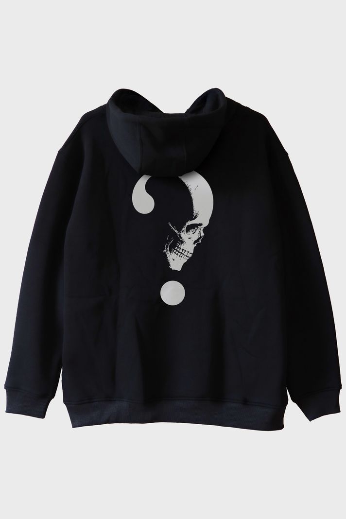 Gothic Soru İşareti Kafatası Baskılı Siyah Hoodie