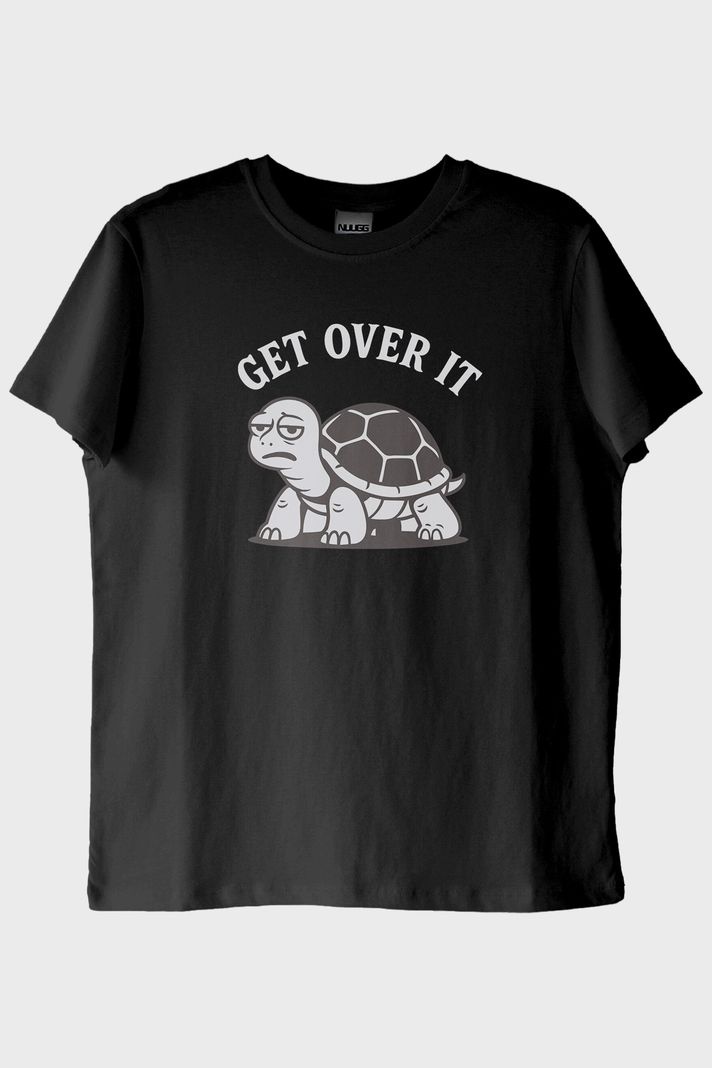 GET OVER IT Kaplumbağa Baskılı Siyah Tişört