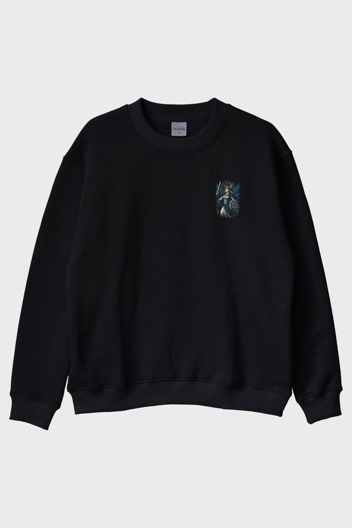 Valkyrie Figürlü Siyah Bisiklet Yaka Sweatshirt