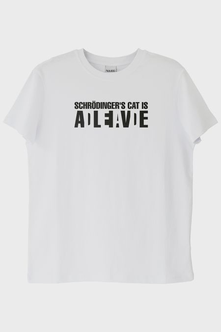 Schrödinger's Cat Alive Baskılı Bilim Tasarımlı Beyaz Tişört