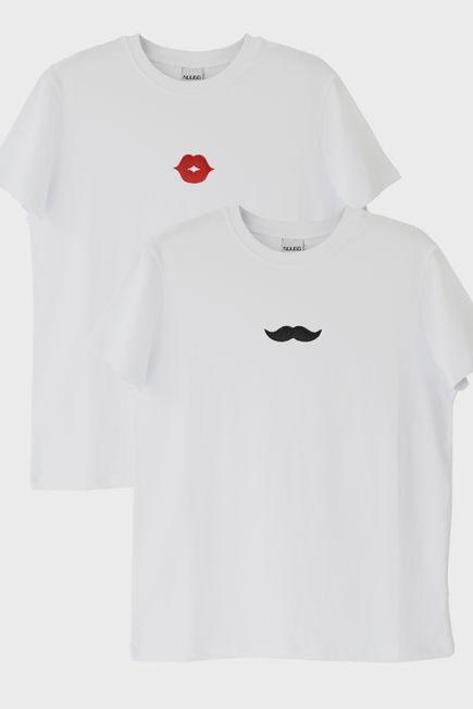 Dudak ve Bıyık Desenli Çift Kombin Tişört
