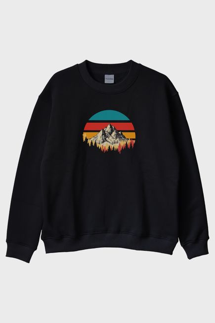 Retro Dağ Manzaralı Baskılı Minimalist Siyah Bisiklet Yaka Sweatshirt