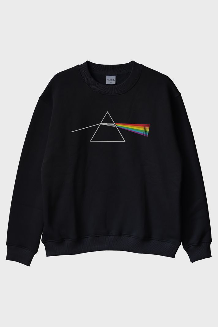 Light Prism Graphic Baskılı Gökkuşağı Yansımalı Siyah Bisiklet Yaka Sweatshirt