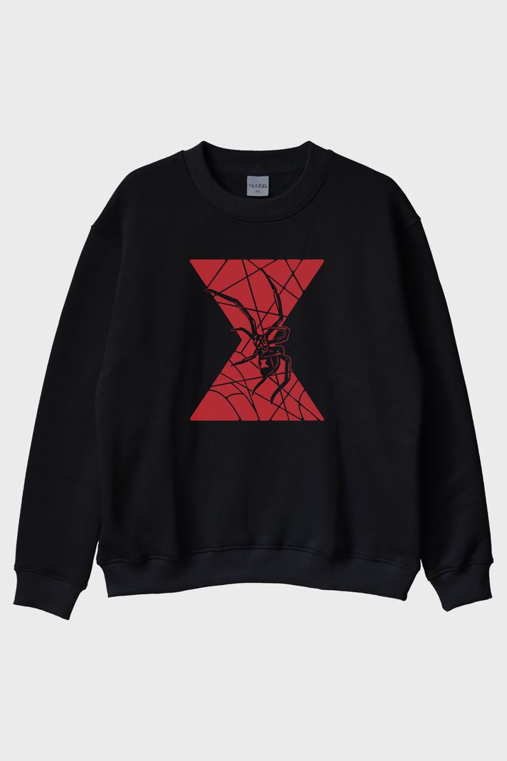 BlackWidow Kırmızı Örümcek Temalı Baskılı Siyah Bisiklet Yaka Sweatshirt