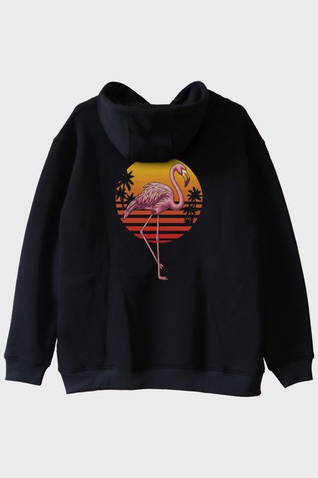 Retro Flamingo Baskılı Siyah Hoodie