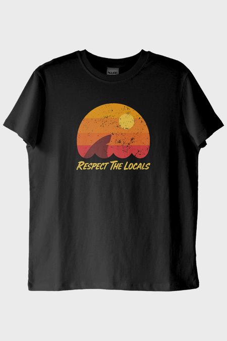 Respect The Locals Köpekbalığı Baskılı Vintage Siyah Tişört