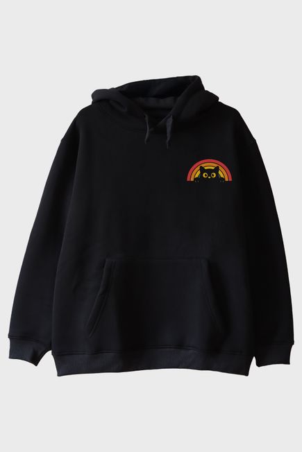 Rainbow Cat Baskılı Tasarım Siyah Hoodie