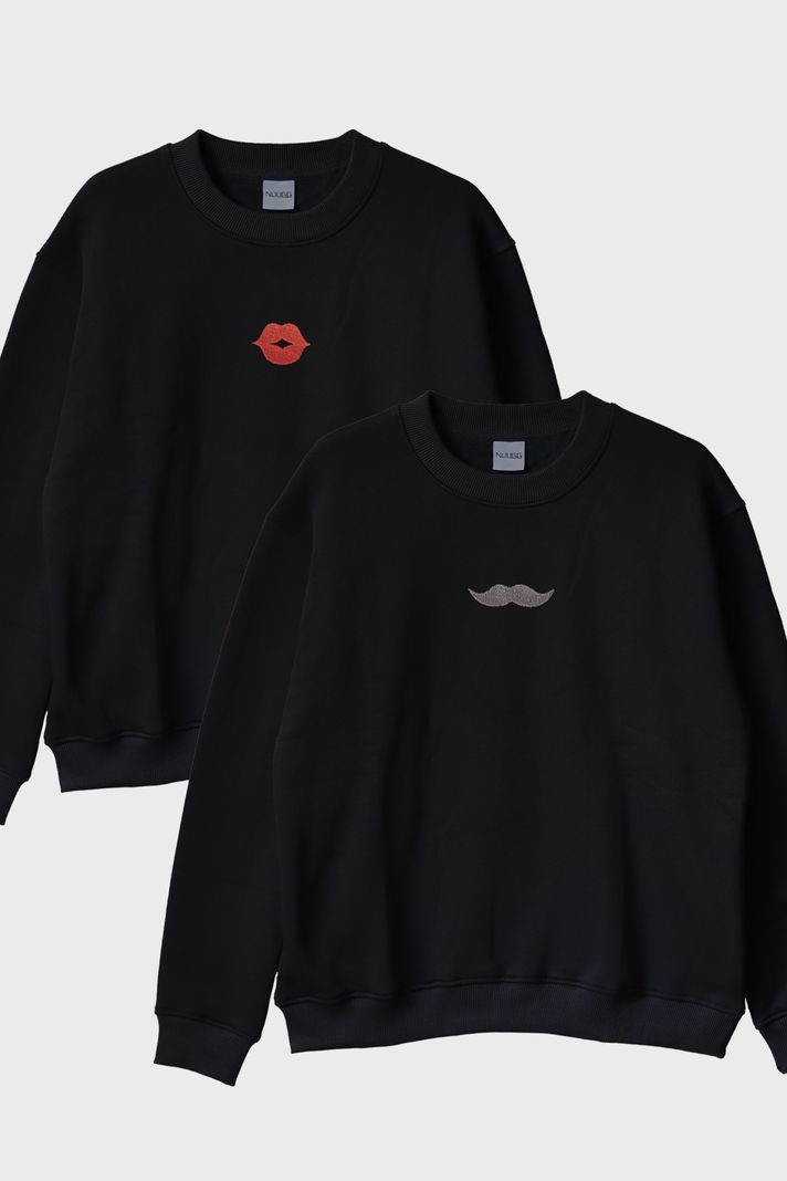 Dudak ve Bıyık Desenli Çift Kombin Bisiklet Yaka Sweatshirt