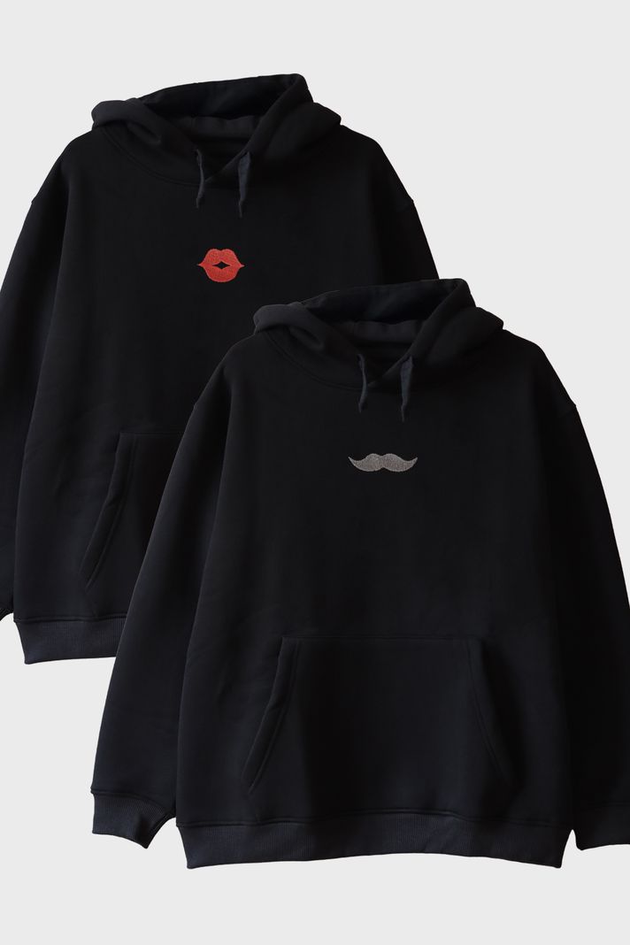 Dudak ve Bıyık Desenli Çift Kombin Hoodie
