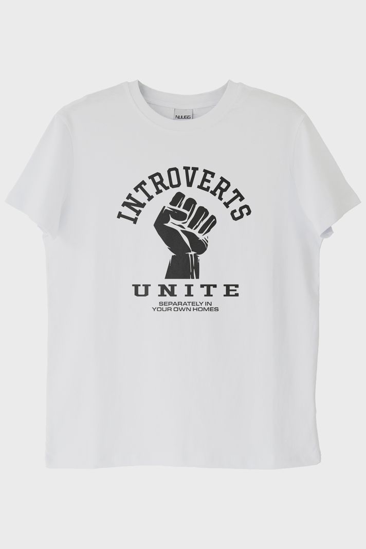 Introverts Unite Baskılı Mizahi Beyaz Tişört