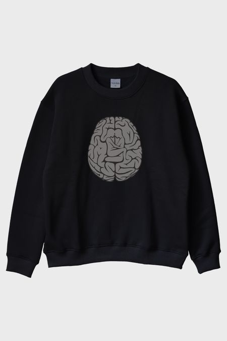 Beyin Grafikli Baskılı Siyah Bisiklet Yaka Sweatshirt