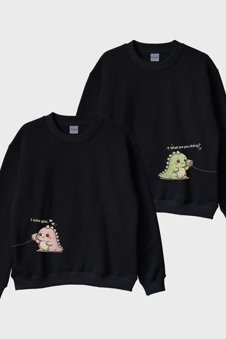 Tatlı Dinozor Çift Siyah Bisiklet Yaka Sweatshirtleri