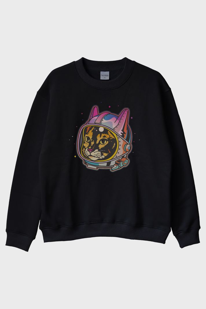 Astrocat Renkli Astronot Kedi Baskılı Siyah Bisiklet Yaka Sweatshirt